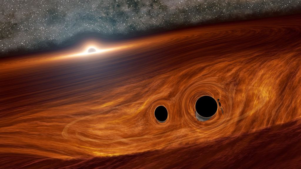 This artist's illustration shows tiny black holes in the accretion disk of a supermassive black hole.  In early 2024, a team of researchers found evidence of a small black hole inside the accretion disk of a supermassive black hole.  The minor BH, if it exists, is between 100 and 10,000 solar masses.  At the end of that range, it is the same mass as a PBH.  It's not thought to be primordial, but it shows how much we have to learn about black holes.  Credit: Caltech/R.  Injured (IPAC)