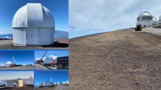 Various images depicting the progress of removing a telescope.